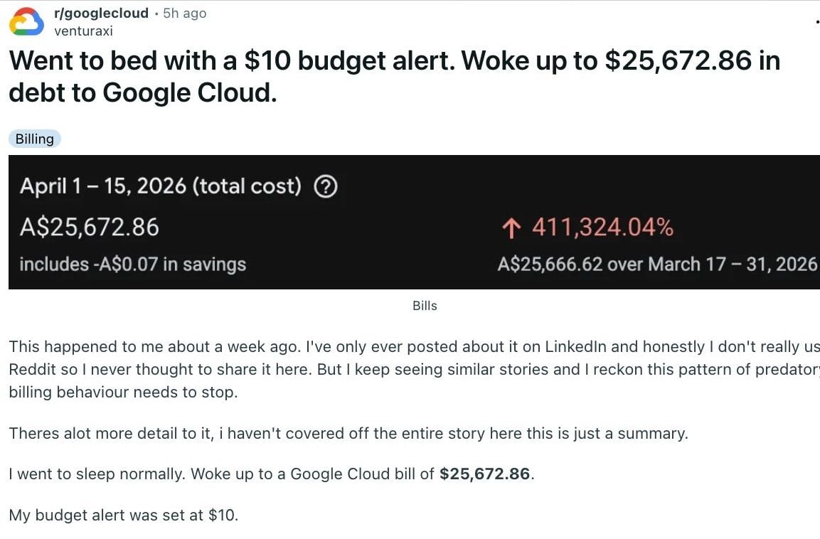 Setting a 200,000 VND spending alert while asleep, waking up to a nearly 500 million VND Google Cloud bill: developer stunned by the cause