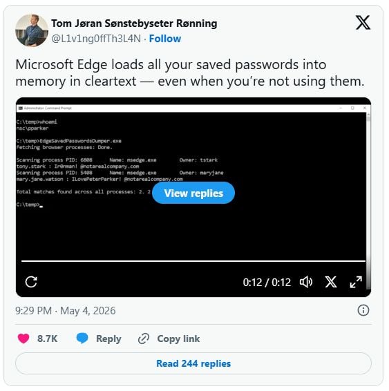 Edge lưu mật khẩu ở dạng plaintext trong RAM; Microsoft giải thích đây không phải lỗi mà là tính năng