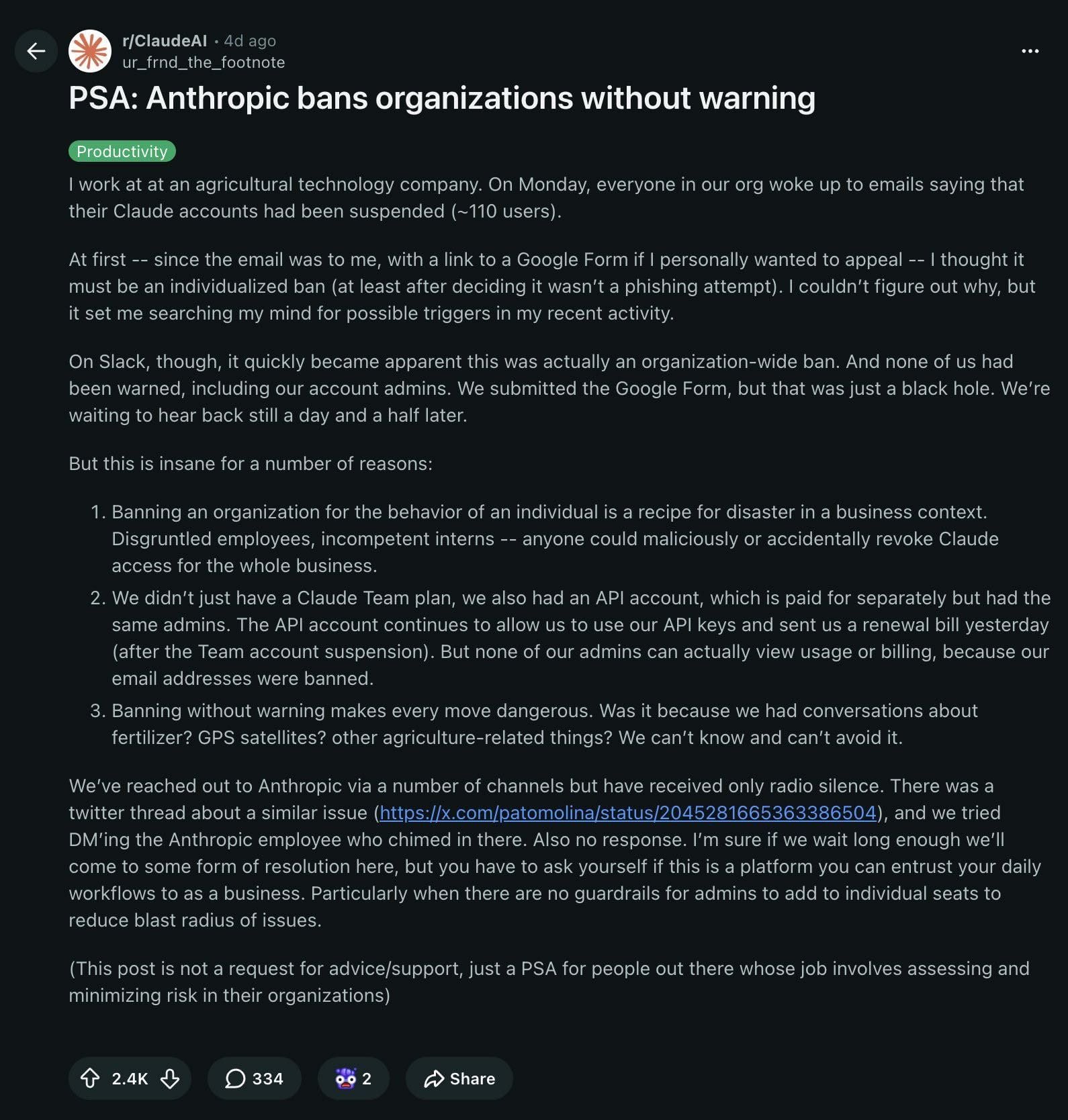Anthropic suspends all 110 company accounts without warning; billing continues after suspension