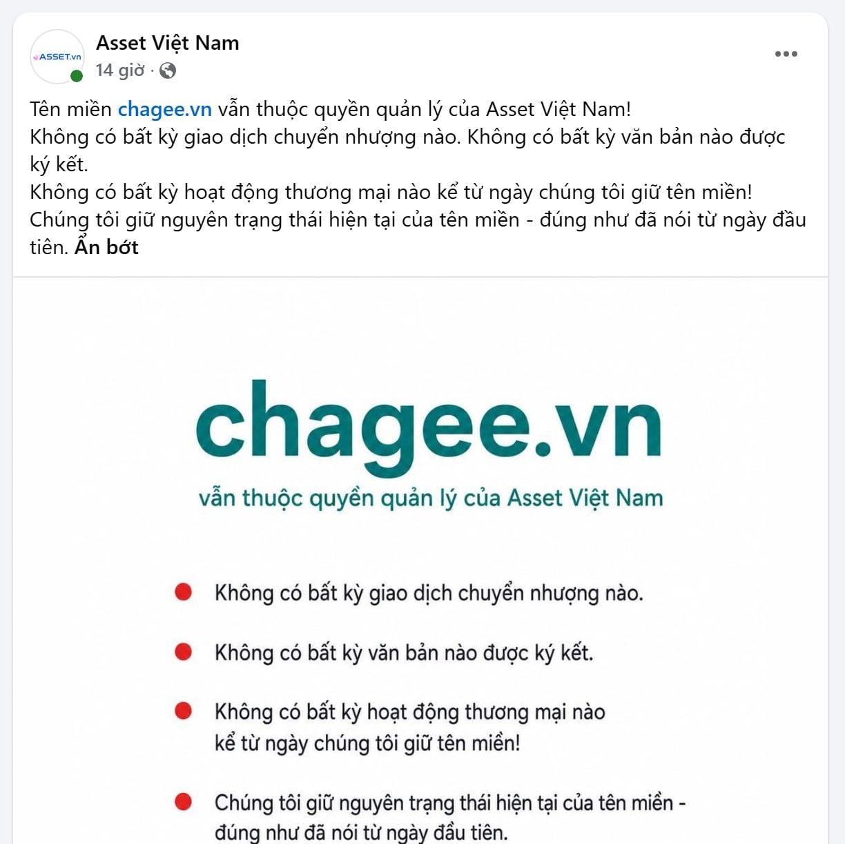 CHAGEE.vn case continues as proposal to transfer domain for zero dong; owner asserts no transaction has occurred.