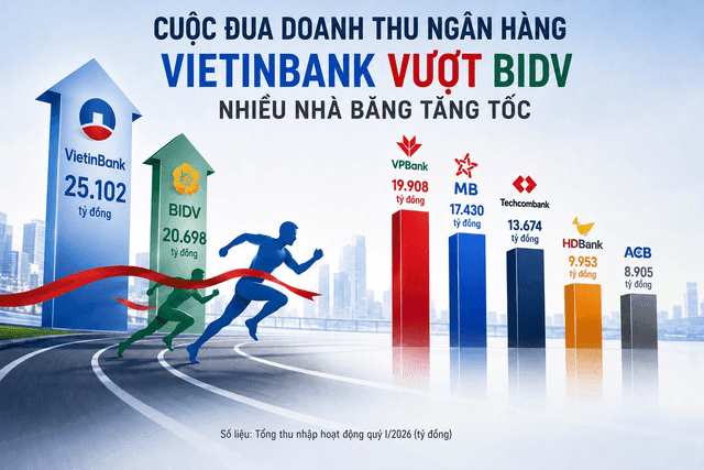Bank revenue race: VietinBank overtakes BIDV to lead the system in Q1 2026, as VPBank closes in on the Big4 in private banks