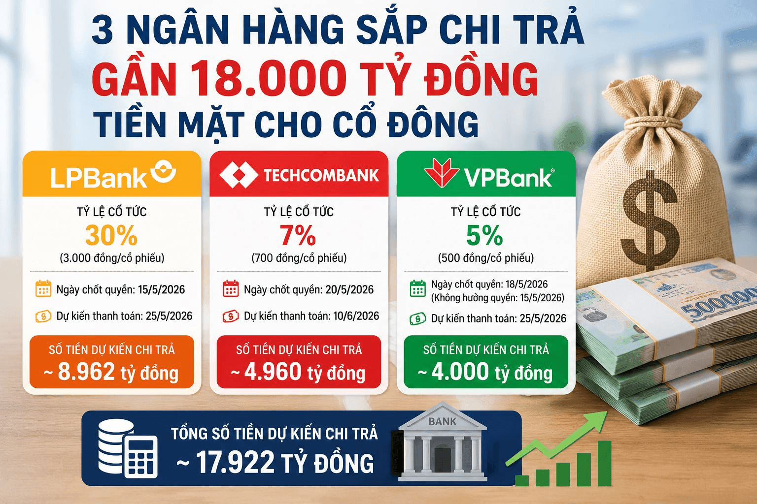 Shareholders of three banks to receive nearly 18 trillion VND in cash dividends; LPBank's payout nearly equals the combined cash dividends of VPBank and Techcombank