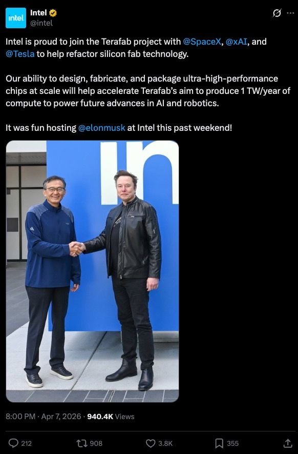 Intel tham gia cùng Elon Musk để khởi động dự án Terafab, nhằm thách thức vị thế của TSMC