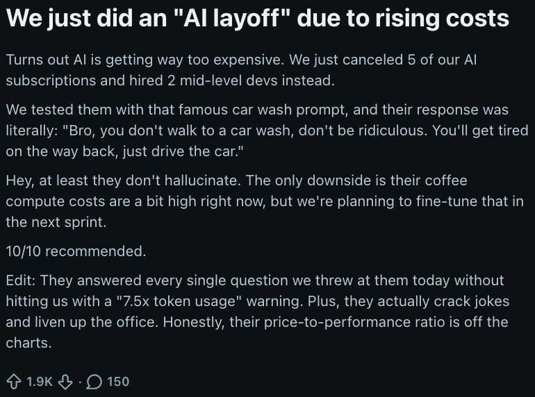 Startup abandons AI, hires two programmers to lower payroll costs