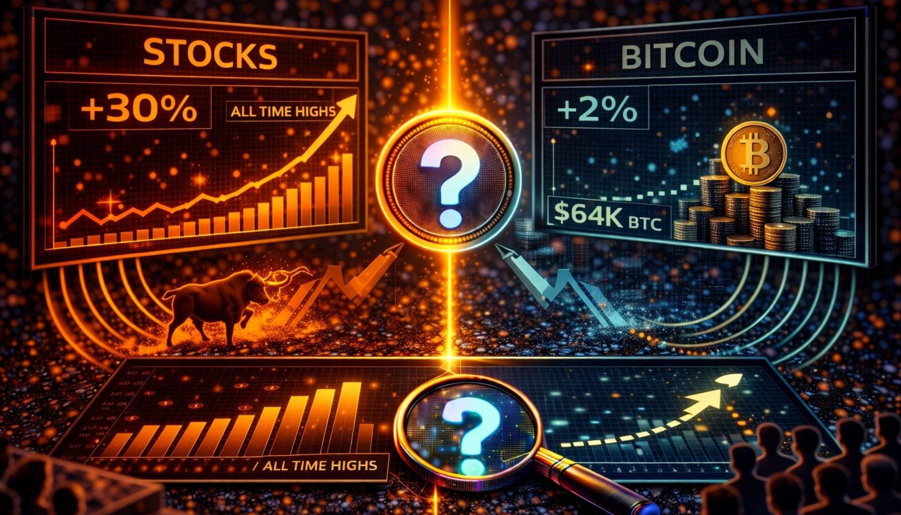 Stocks are at all-time highs, Bitcoin is lagging: is BTC late to the rally?