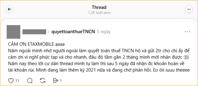 eTax Mobile enables a 2 million VND personal income tax refund to be credited to the account on the same day