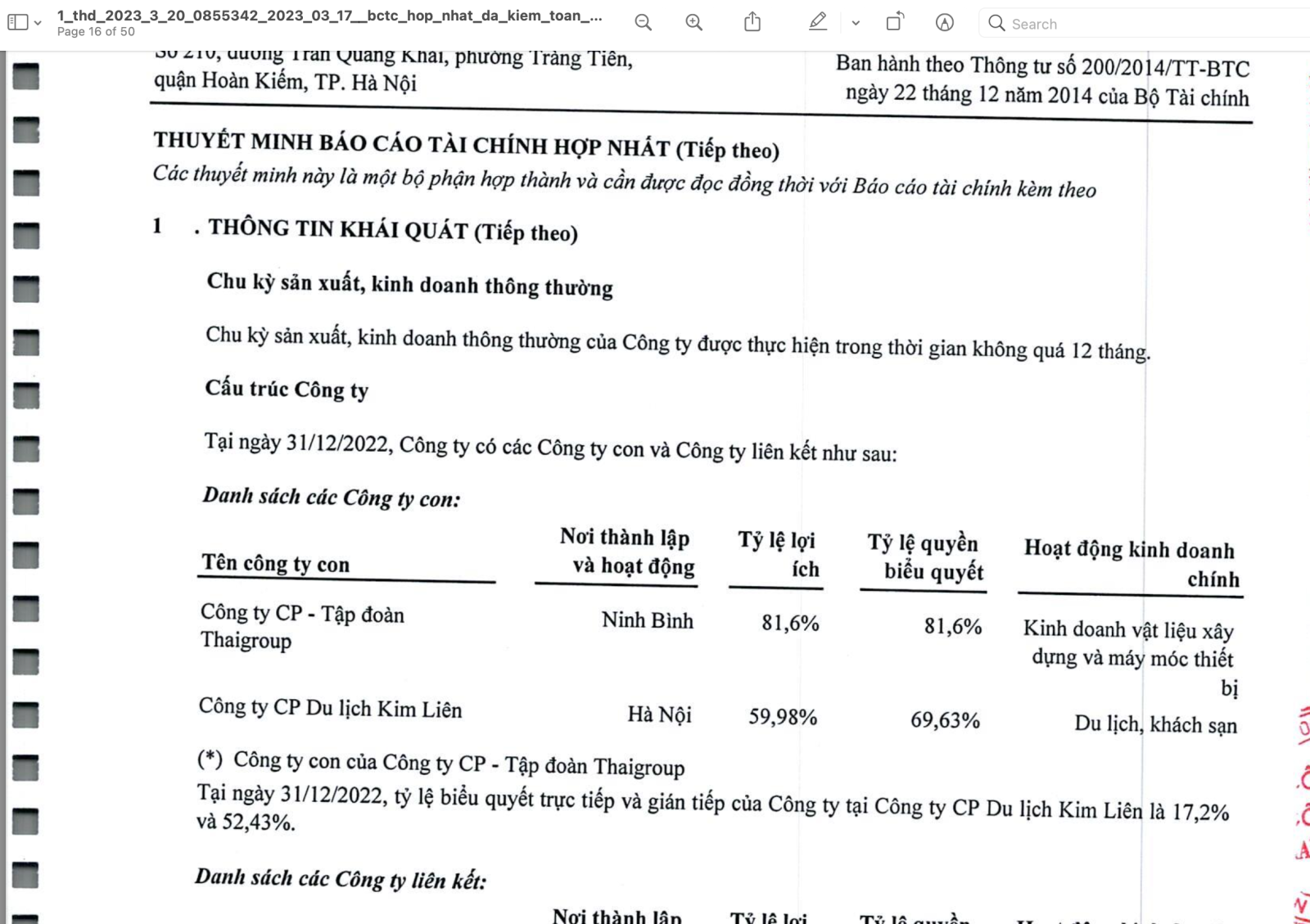 Sau thâu tóm, Công ty CP du lịch Kim Liên thành công ty con của Thai Holding. (Nguồn: BCTC hợp nhất đã kiếm toán năm 2022) 