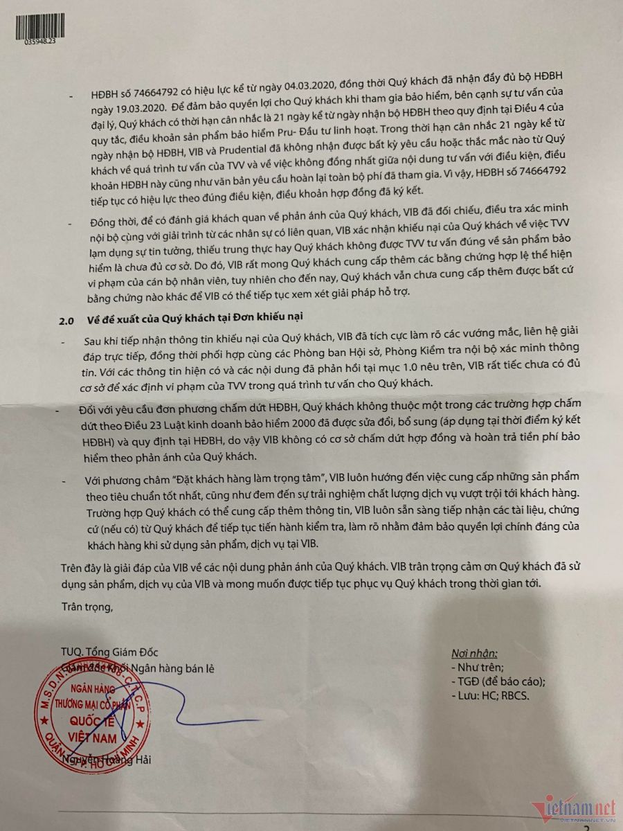 Công văn phúc đáp VIB gửi khách hàng ngày 30/3/2023.