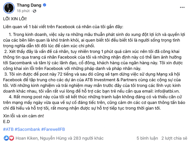 Ảnh chụp màn hình lời xin lỗi của ông Đặng Tất Thắng