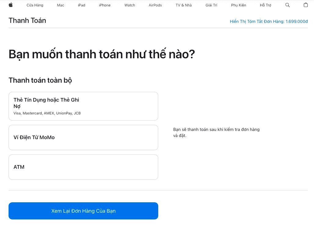 Các lựa chọn thanh toán trên Apple Store trực tuyến Việt Nam. 