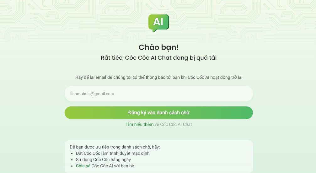 Đăng ký trải nghiệm Cốc Cốc AI Chat