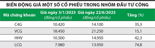 Biến động giá một số cổ phiếu trong nhóm đầu tư công