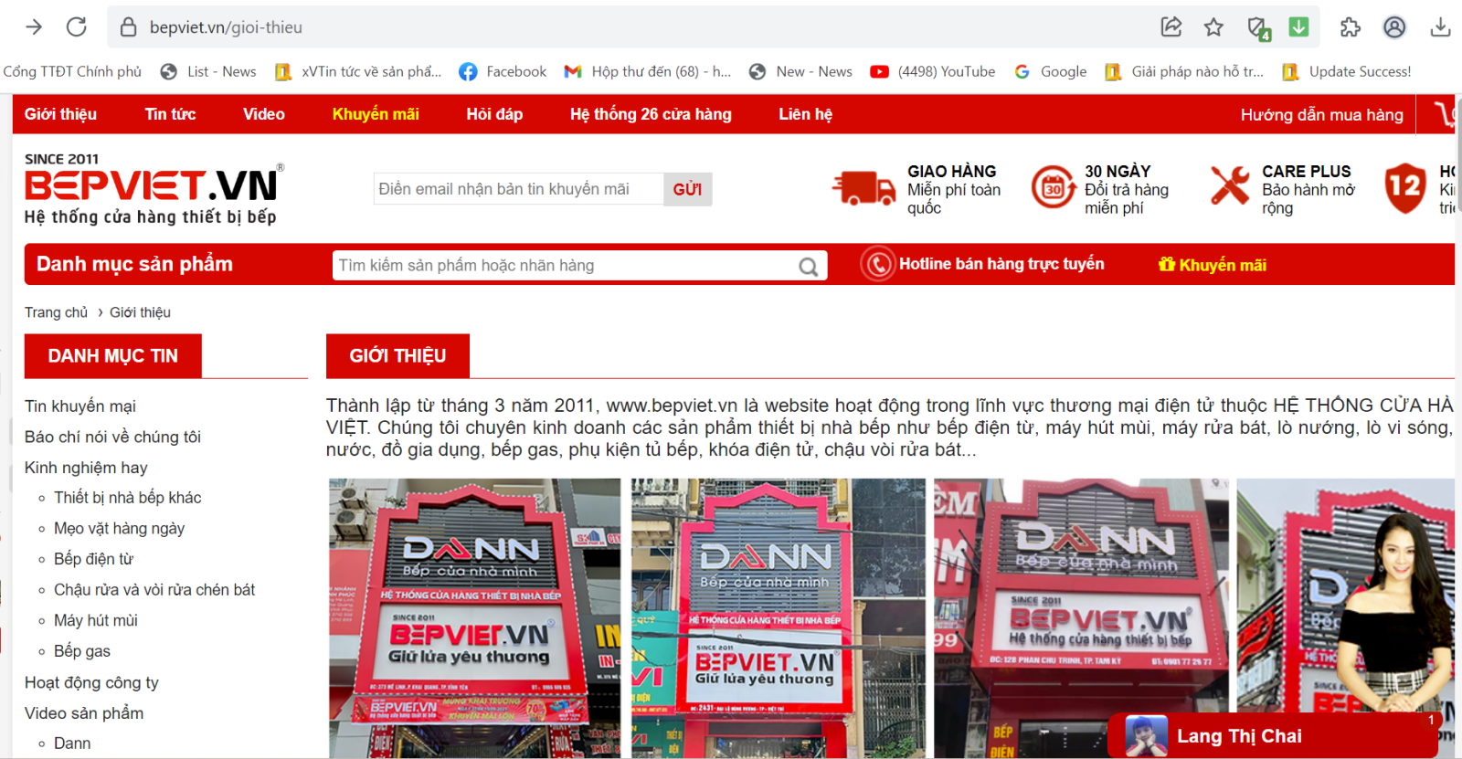 Website hệ thống Bếp Việt (sở hữu bởi Công ty TNHH Dann Việt Nam).
