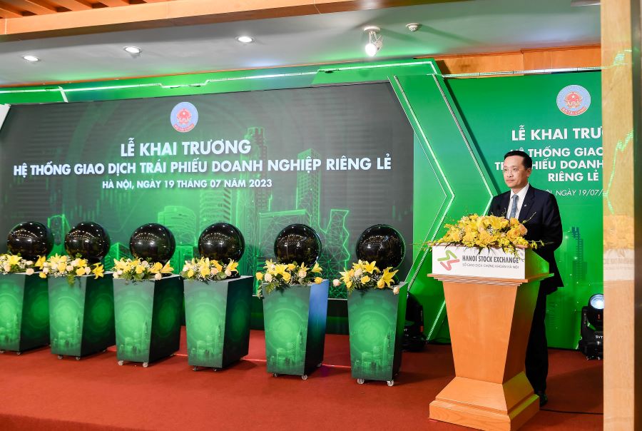Chủ tịch HĐQT Vietcombank Phạm Quang Dũng phát biểu tại Lễ khai trương hệ thống giao dịch trái phiếu doanh nghiệp riêng lẻ.