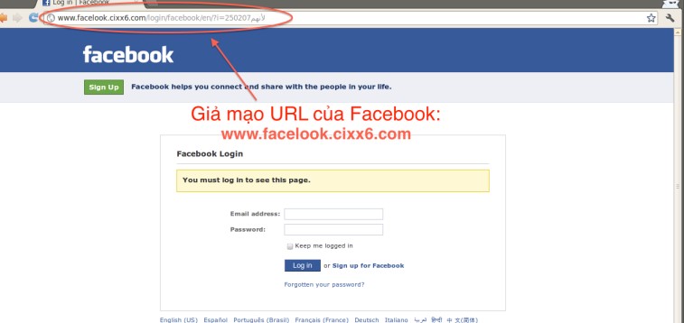 Các ký tự lạ trên tên miền Facebook.