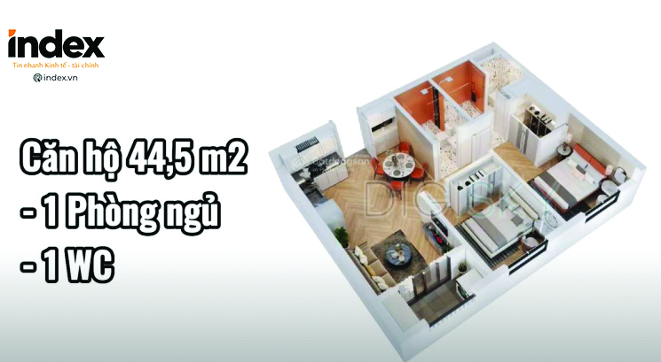 Căn hộ: Diện tích 44.5m2 - 1 phòng ngủ - 1 wc